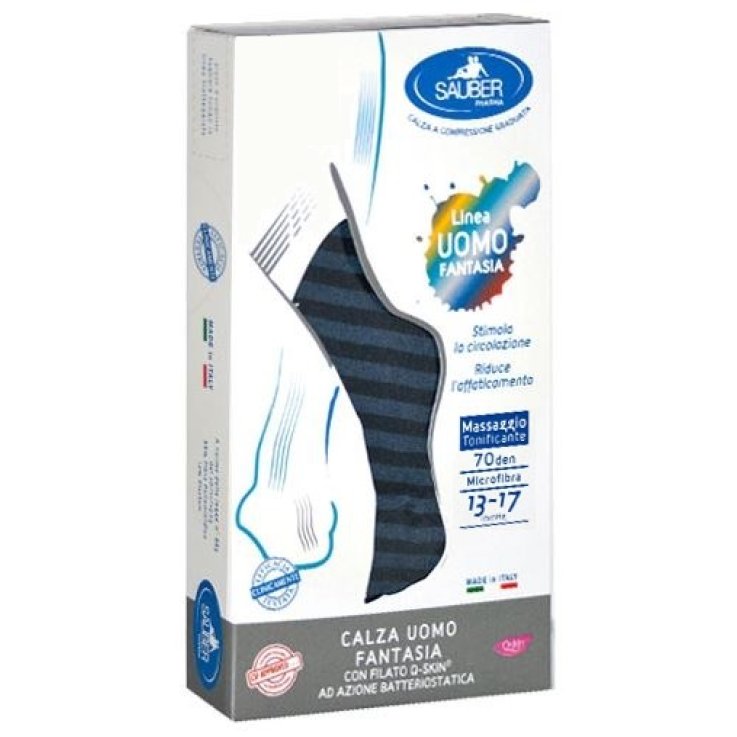 SAUBER CALZA UOMO FANTASIA Q-SKIN 70 DEN BLU RIGA LARGA DENIM TAGLIA G PROMO
