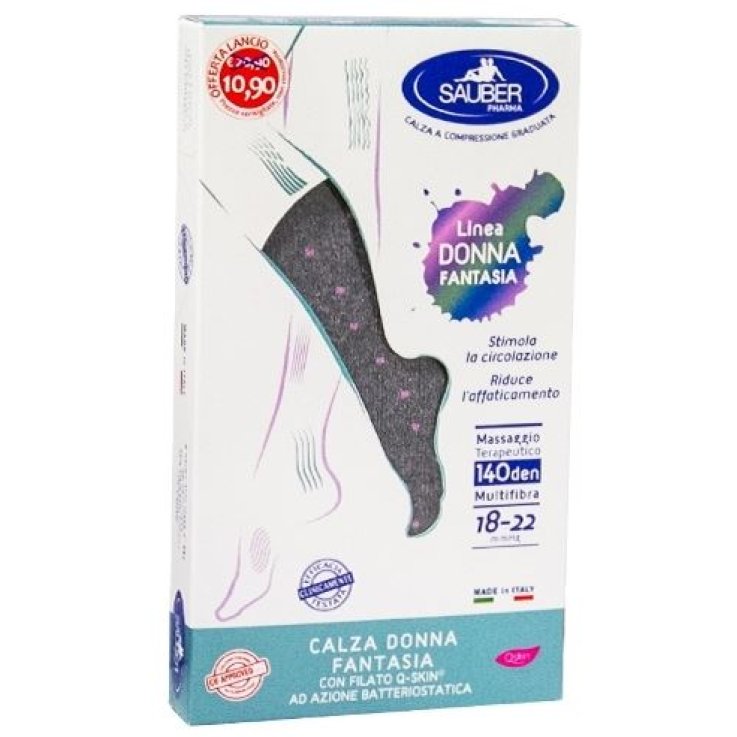 SAUBER CALZA DONNA FANTASIA FILATO Q-SKIN 140 DEN GRIGIO POIS ROSA TAGLIA P PROMO