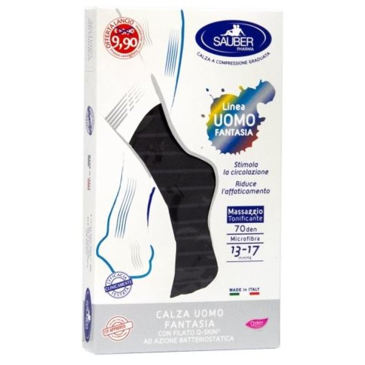 SAUBER CALZA UOMO FANTASIA Q-SKIN 70 DEN NERO RIGA SOTTILE DENIM TAGLIA G PROMO